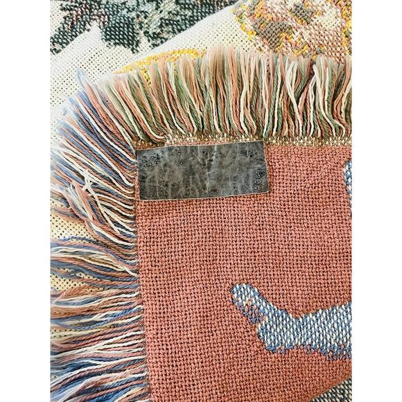 Thick Woven Blanket Tapestry Pink Flowers Floral Angel Cherub Cupid Fringe Cotto - Picture 12 of 16